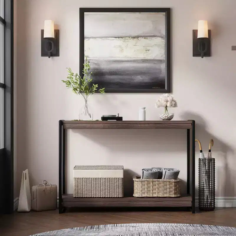 Console de table de ferme à 2 niveaux avec étagères à lattes en bois, table de canapé d'entrée à cadre en métal rustique pour salon, couloir, foyer