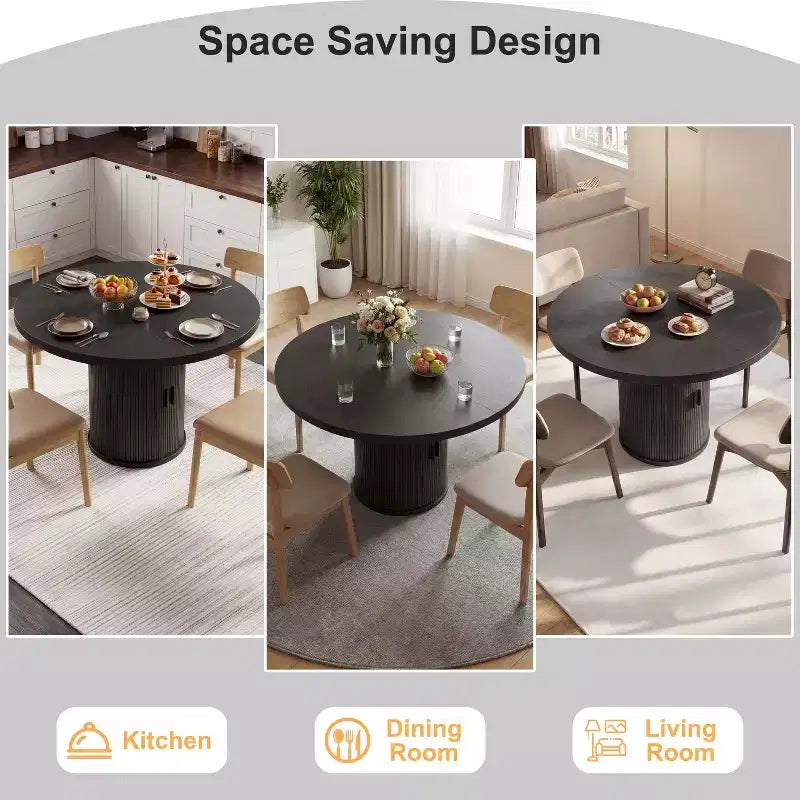 Table à manger ronde Dyonery de 90 cm en bois, Table à manger de cuisine rainurée, Table à manger ronde avec base de rangement, Ronde
