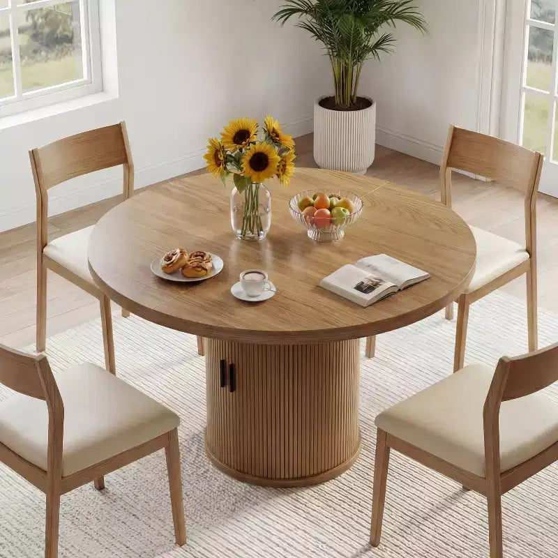 Table à manger ronde Dyonery de 90 cm en bois, Table à manger de cuisine rainurée, Table à manger ronde avec base de rangement, Ronde
