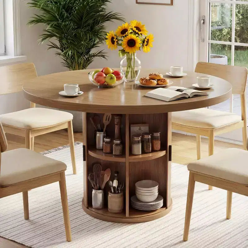 Table à manger ronde Dyonery de 90 cm en bois, Table à manger de cuisine rainurée, Table à manger ronde avec base de rangement, Ronde