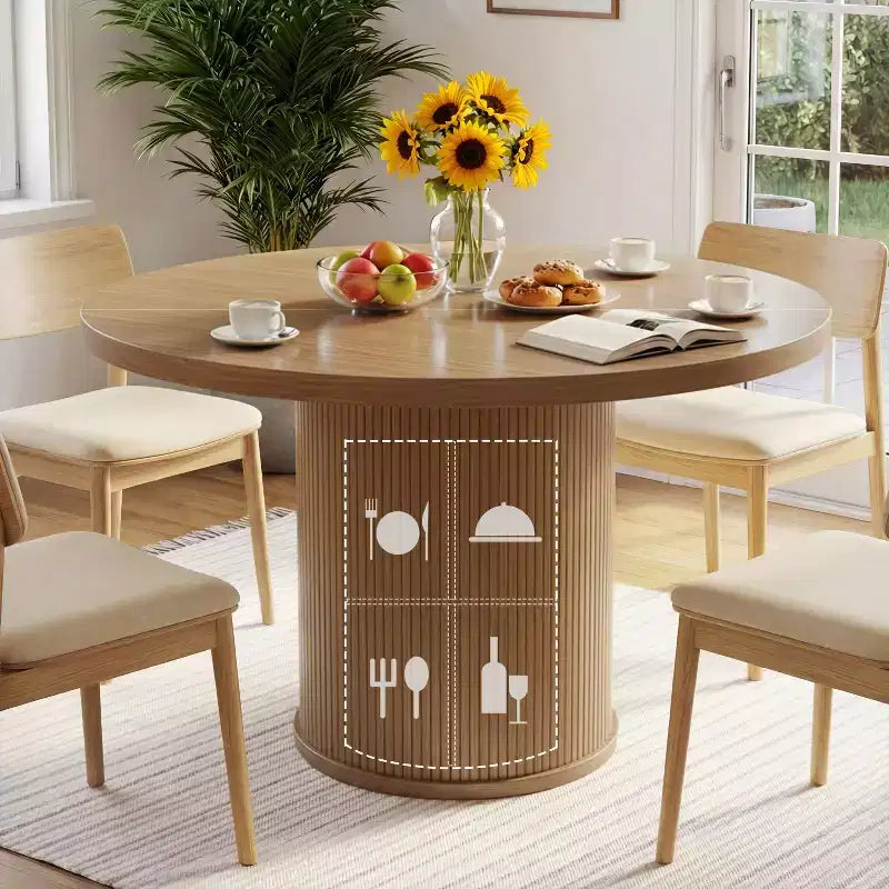 Table à manger ronde Dyonery de 90 cm en bois, Table à manger de cuisine rainurée, Table à manger ronde avec base de rangement, Ronde