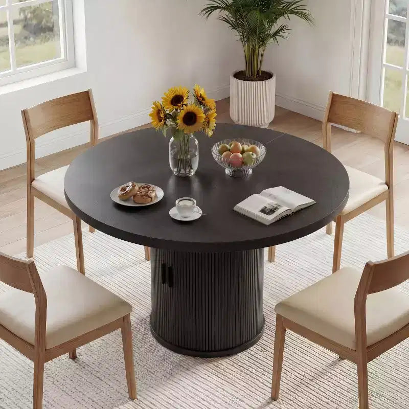 Table à manger ronde Dyonery de 90 cm en bois, Table à manger de cuisine rainurée, Table à manger ronde avec base de rangement, Ronde