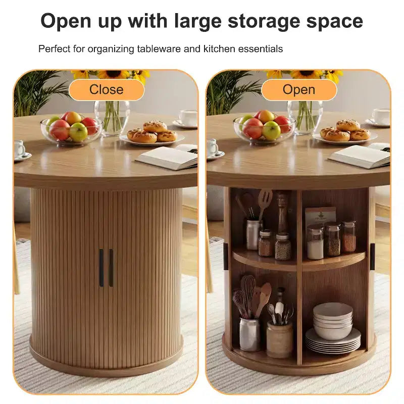 Table à manger ronde Dyonery de 90 cm en bois, Table à manger de cuisine rainurée, Table à manger ronde avec base de rangement, Ronde
