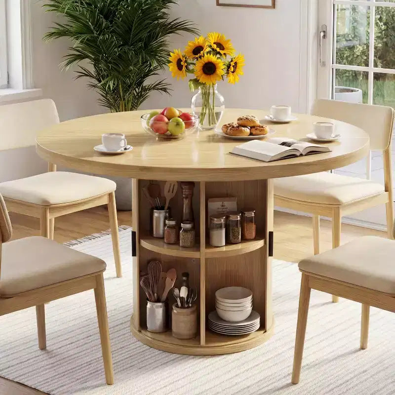 Table à manger ronde Dyonery de 90 cm en bois, Table à manger de cuisine rainurée, Table à manger ronde avec base de rangement, Ronde