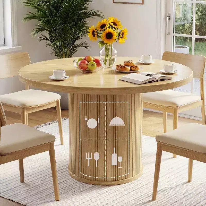 Table à manger ronde Dyonery de 90 cm en bois, Table à manger de cuisine rainurée, Table à manger ronde avec base de rangement, Ronde