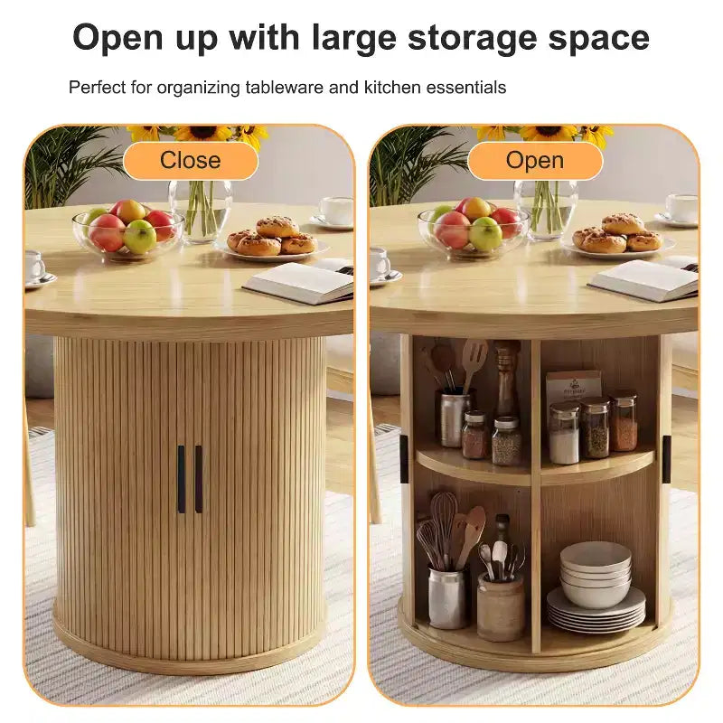 Table à manger ronde Dyonery de 90 cm en bois, Table à manger de cuisine rainurée, Table à manger ronde avec base de rangement, Ronde