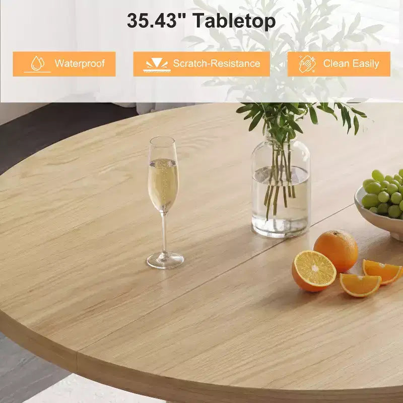 Table à manger ronde Dyonery de 90 cm en bois, Table à manger de cuisine rainurée, Table à manger ronde avec base de rangement, Ronde