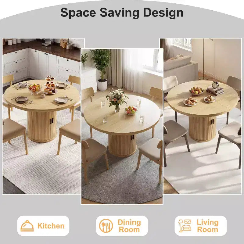 Table à manger ronde Dyonery de 90 cm en bois, Table à manger de cuisine rainurée, Table à manger ronde avec base de rangement, Ronde
