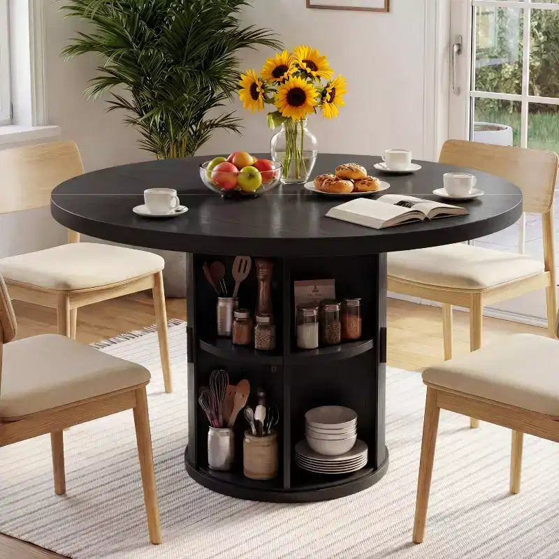 Table à manger ronde Dyonery de 90 cm en bois, Table à manger de cuisine rainurée, Table à manger ronde avec base de rangement, Ronde