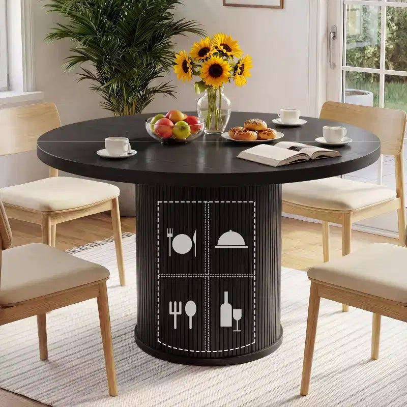 Table à manger ronde Dyonery de 90 cm en bois, Table à manger de cuisine rainurée, Table à manger ronde avec base de rangement, Ronde