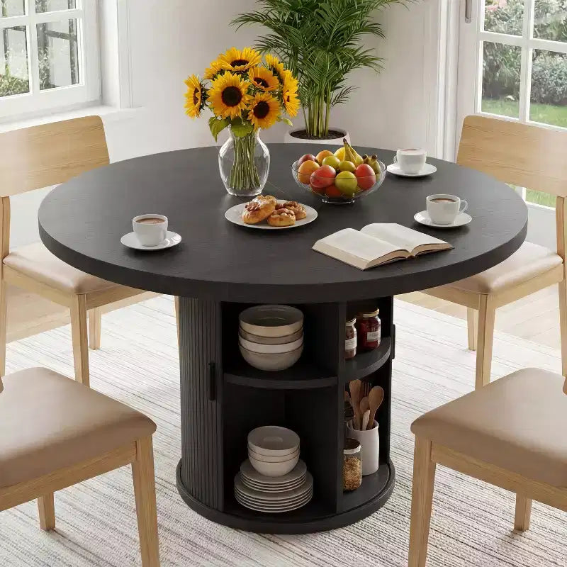 Table à manger ronde Dyonery de 90 cm en bois, Table à manger de cuisine rainurée, Table à manger ronde avec base de rangement, Ronde