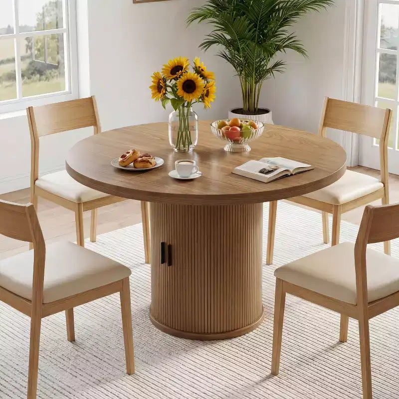 Table à manger ronde Dyonery de 90 cm en bois, Table à manger de cuisine rainurée, Table à manger ronde avec base de rangement, Ronde