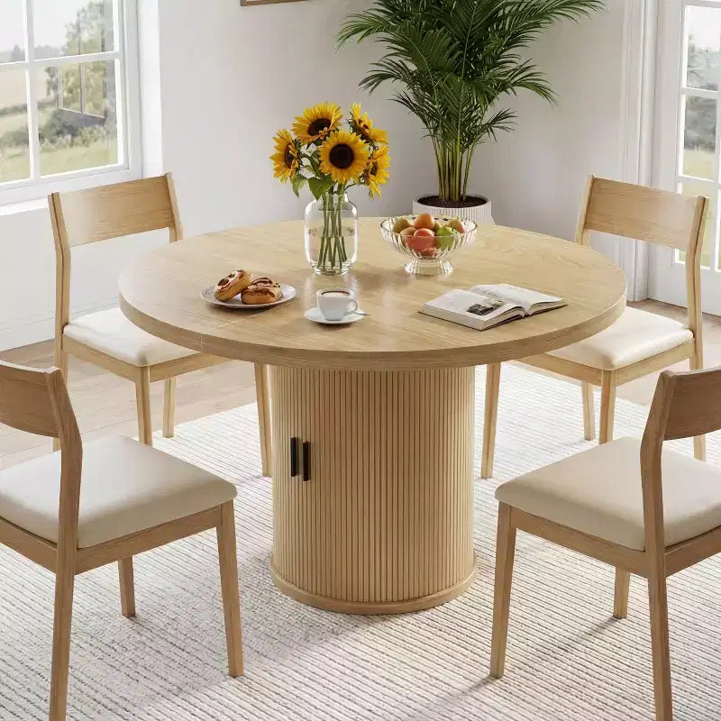 Table à manger ronde Dyonery de 90 cm en bois, Table à manger de cuisine rainurée, Table à manger ronde avec base de rangement, Ronde