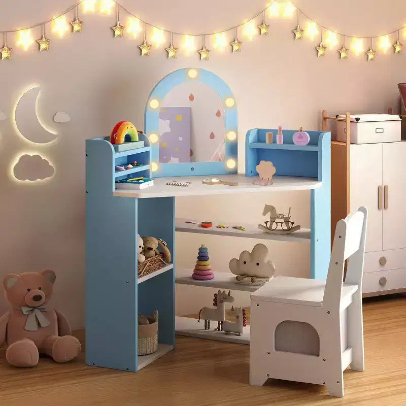 BALHAM TRADE-Coiffeuse d'angle 2-en-1 pour enfants avec lumières, étagères de rangement ouvertes et miroir éclairé