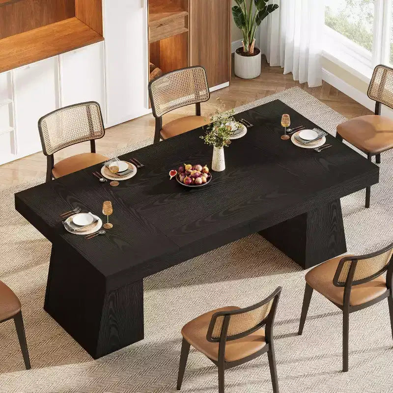 Table à manger rectangulaire Lantine de 55 pouces, style campagnard, noire avec double piédestal pour 4 à 6 personnes, meuble en bois pour salle à manger, petit espace