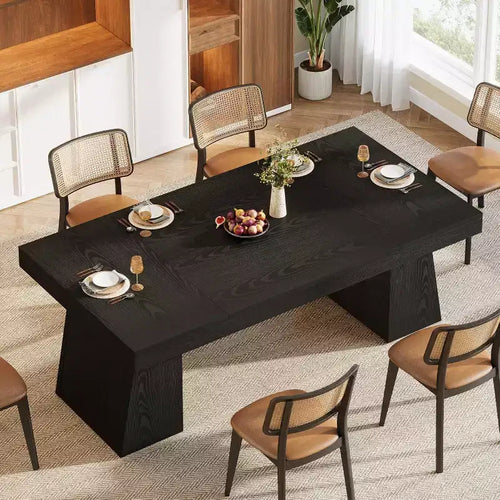 Table à manger rectangulaire de ferme noire de 55 pouces avec double piédestal pour 4 à 6 personnes, meubles en bois pour salle à manger à la maison, petit espace