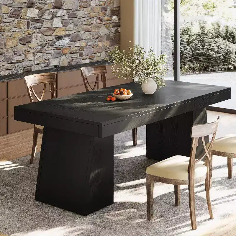 Table à manger rectangulaire Lantine de 55 pouces, style campagnard, noire avec double piédestal pour 4 à 6 personnes, meuble en bois pour salle à manger, petit espace