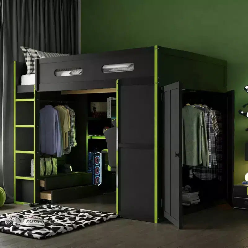 Lit mezzanine moderne pleine grandeur Luxystar avec armoire, bureau éclairé et rangement