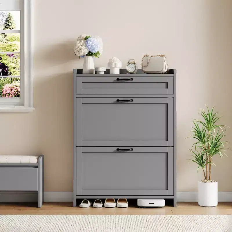 Meuble de rangement pour chaussures avec 2 tiroirs basculants, étagère à chaussures autoportante avec étagère réglable, organiseur de chaussures en bois dissimulé pour entrée, salon