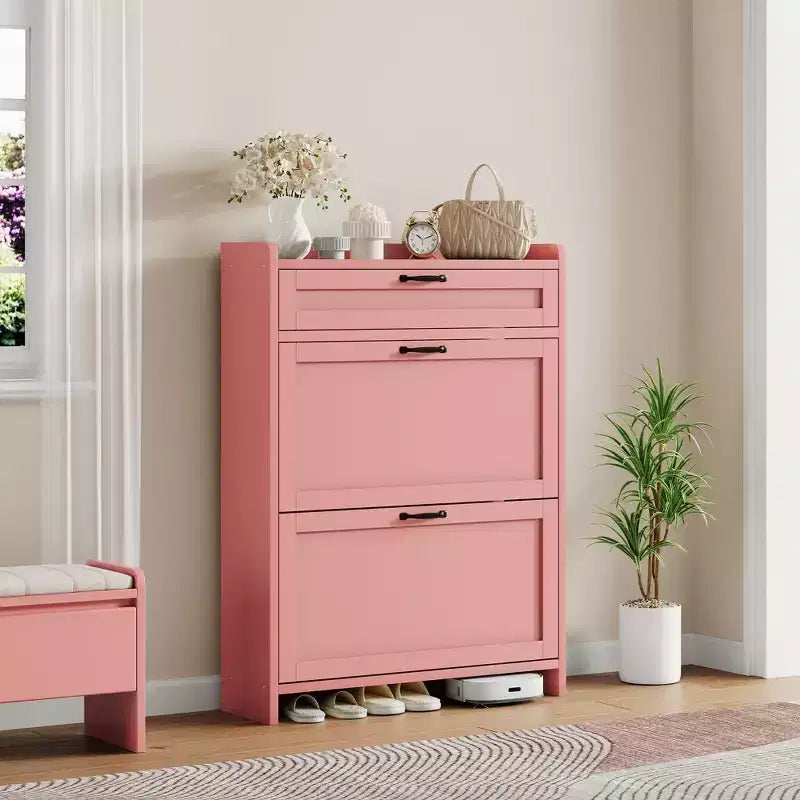 Meuble de rangement pour chaussures avec 2 tiroirs basculants, étagère à chaussures autoportante avec étagère réglable, organiseur de chaussures en bois dissimulé pour entrée, salon