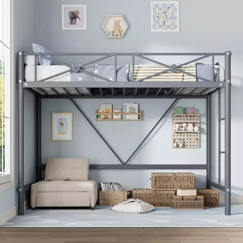Cadre de lit mezzanine métallique double, lit surélevé en acier robuste avec barrières de sécurité, design peu encombrant pour chambre d'enfant, dortoir ou salle de classe