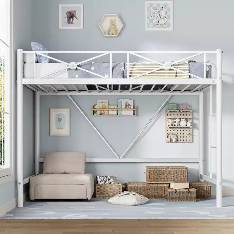 Cadre de lit mezzanine métallique double, lit surélevé en acier robuste avec barrières de sécurité, design peu encombrant pour chambre d'enfant, dortoir ou salle de classe