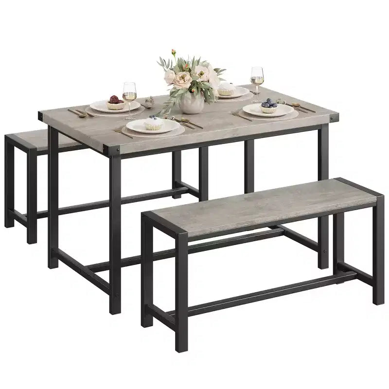 Ensemble de salle à manger compact pour 4 à 6 personnes, table rectangulaire en métal et bois avec 2 bancs, montage facile, pour appartements et petits espaces
