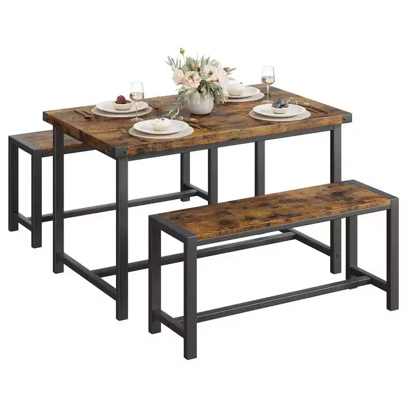 Ensemble de salle à manger compact pour 4 à 6 personnes, table rectangulaire en métal et bois avec 2 bancs, montage facile, pour appartements et petits espaces