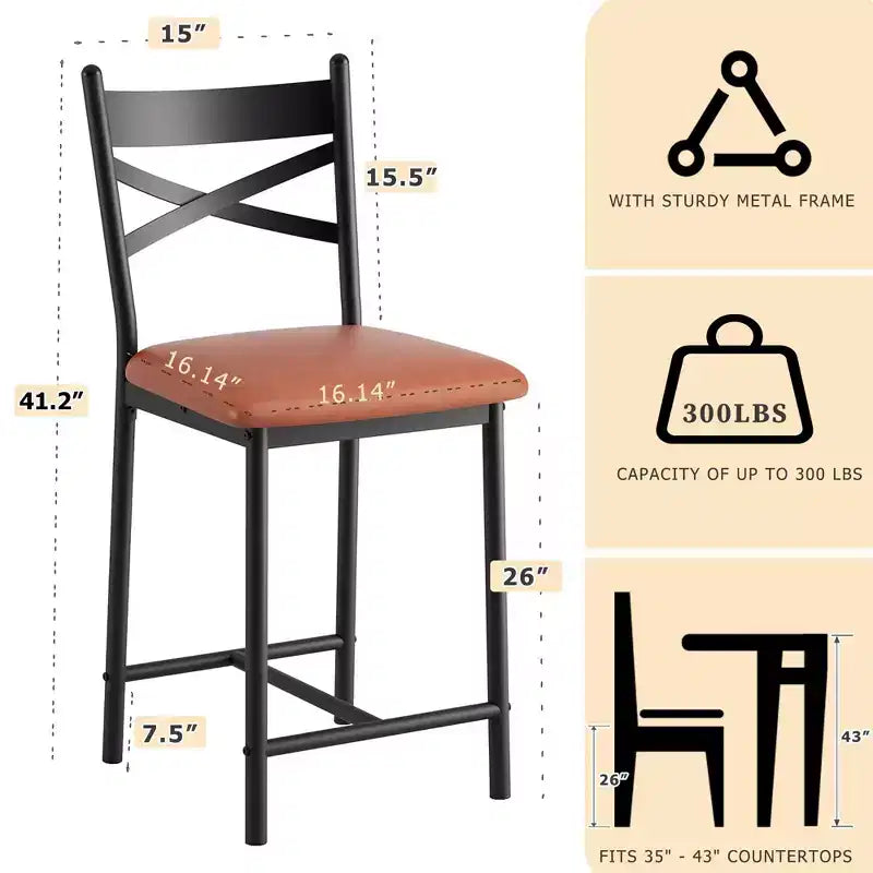 Lot de 2 tabourets de bar, chaises de bar hauteur comptoir avec dossier et coussin épais, chaises de salle à manger rembourrées, tabourets de bar pour îlot de cuisine, salle à manger