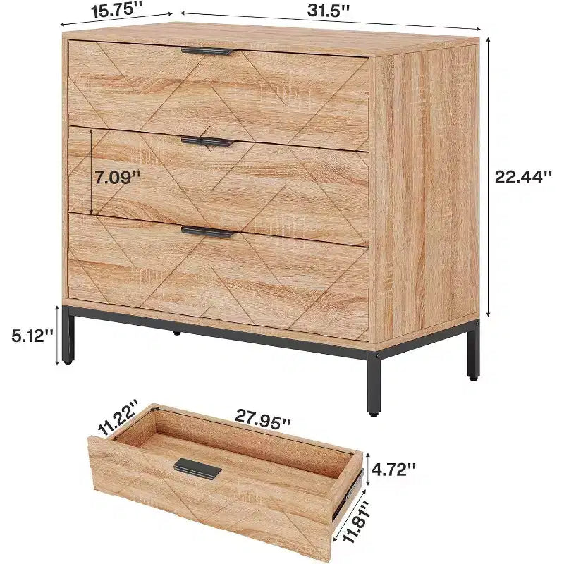 Table de chevet en bois Lantine à 3 tiroirs, table de nuit de 80 cm de large avec pieds en métal, grande table d'appoint moderne pour chambre à coucher, salon