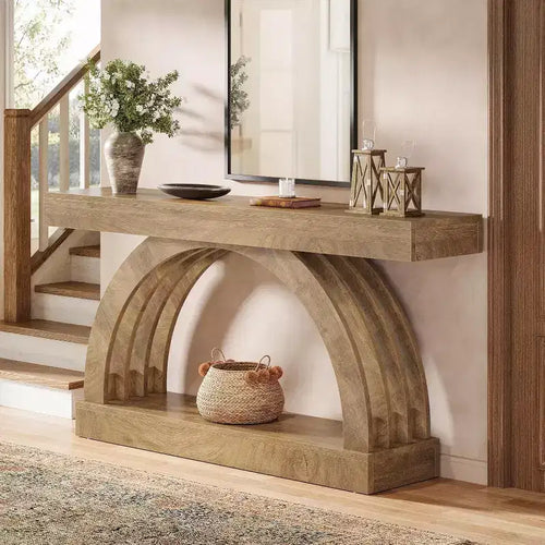 Table d'entrée de 160 cm, Table console à 2 niveaux derrière le canapé, Console étroite unique avec arche style ferme pour couloir, salon, foyer