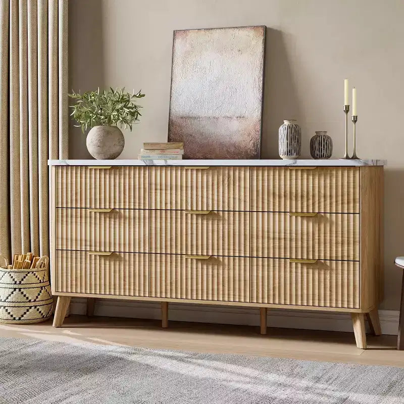 Commode moderne à 9 tiroirs pour chambre à coucher, large commode nervurée avec poignées dorées, commode en bois robuste pour salon, couloir, entrée