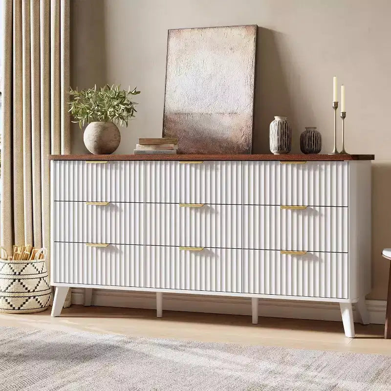 Commode moderne à 9 tiroirs pour chambre à coucher, large commode nervurée avec poignées dorées, commode en bois robuste pour salon, couloir, entrée