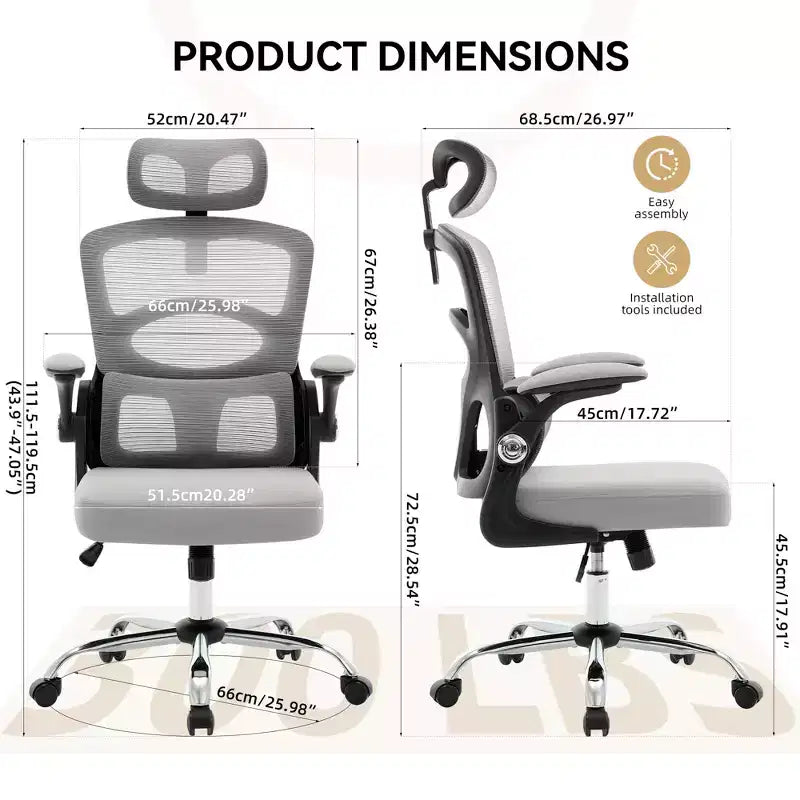 Fauteuil de bureau ergonomique à dossier haut en maille, appui-tête réglable, soutien lombaire, chaise pivotante à 360°, chaise d'ordinateur, de jeu, pour la maison ou le bureau