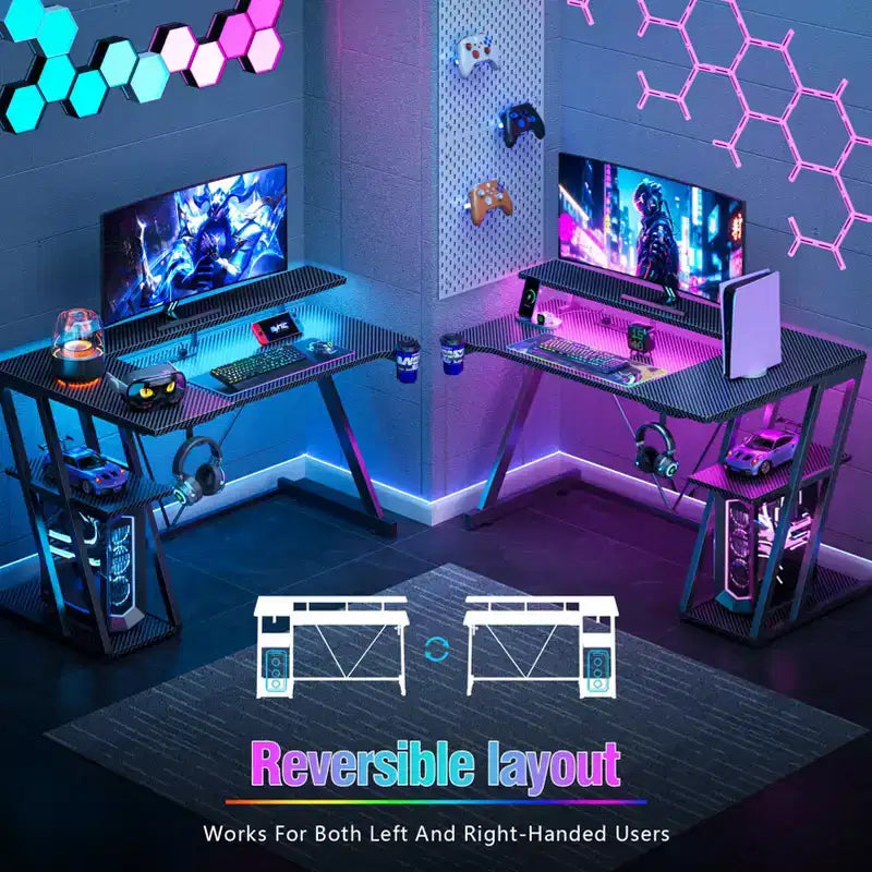 Bureau de gamer noir de 40 pouces, compact, en L, avec support d'écran et 3 étagères de rangement, en fibre de carbone