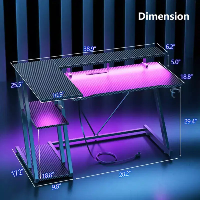 Bureau de gamer noir de 40 pouces, compact, en L, avec support d'écran et 3 étagères de rangement, en fibre de carbone