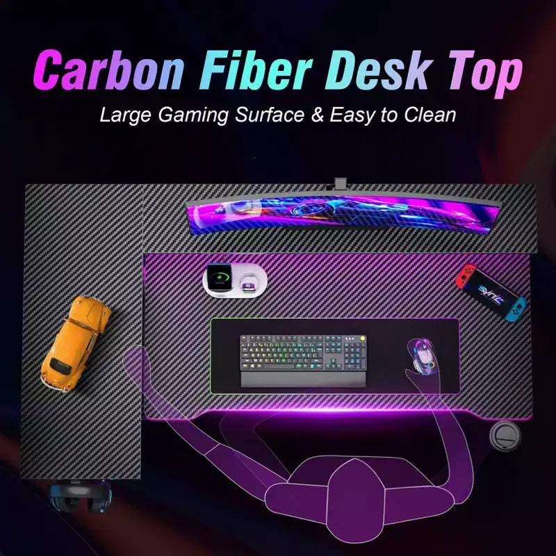 Bureau de gamer noir de 40 pouces, compact, en L, avec support d'écran et 3 étagères de rangement, en fibre de carbone