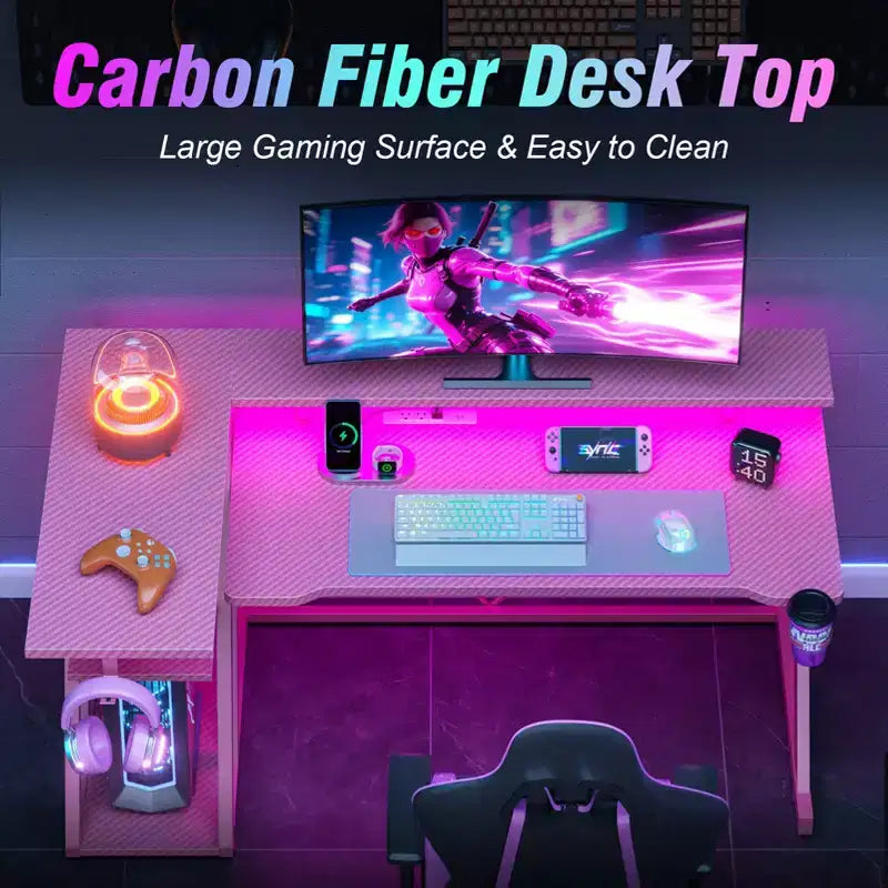 Bureau de jeu rose de 47 pouces en fibre de carbone, en forme de L, avec support d'écran, étagères de rangement à 3 niveaux pour ordinateur de jeu, bureau d'écriture pour la maison et le bureau
