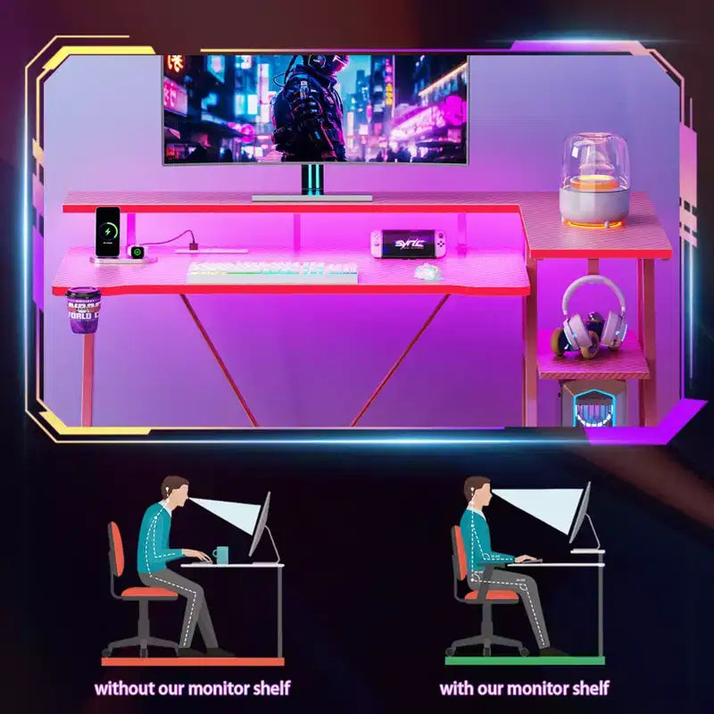 Bureau de jeu rose de 47 pouces en fibre de carbone, en forme de L, avec support d'écran, étagères de rangement à 3 niveaux pour ordinateur de jeu, bureau d'écriture pour la maison et le bureau