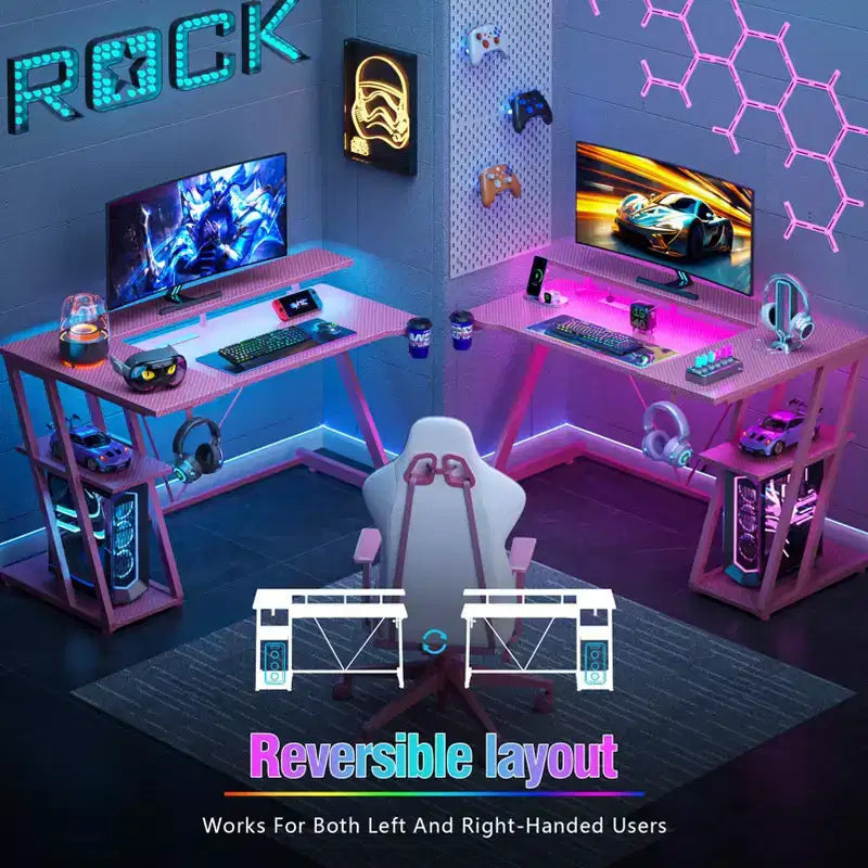Bureau de jeu rose de 47 pouces en fibre de carbone, en forme de L, avec support d'écran, étagères de rangement à 3 niveaux pour ordinateur de jeu, bureau d'écriture pour la maison et le bureau