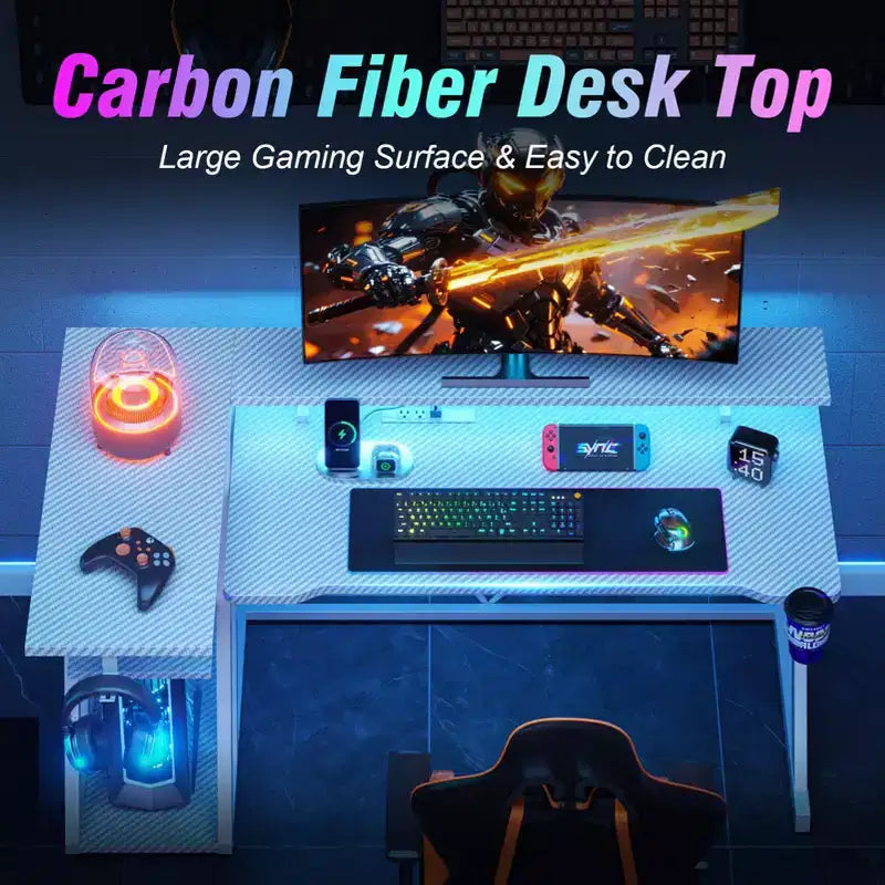 Bureau de jeu blanc en L de 47 pouces avec support d'écran et 3 étagères de rangement pour chambre, bureau à domicile et installation PC – Table de travail robuste
