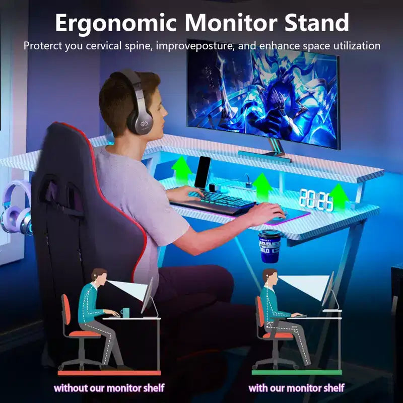 Bureau de jeu blanc en L de 47 pouces avec support d'écran et 3 étagères de rangement pour chambre, bureau à domicile et installation PC – Table de travail robuste