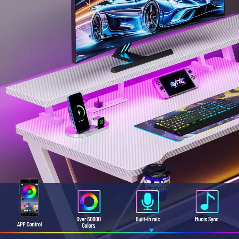 Bureau de jeu blanc en L de 47 pouces avec support d'écran et 3 étagères de rangement pour chambre, bureau à domicile et installation PC – Table de travail robuste