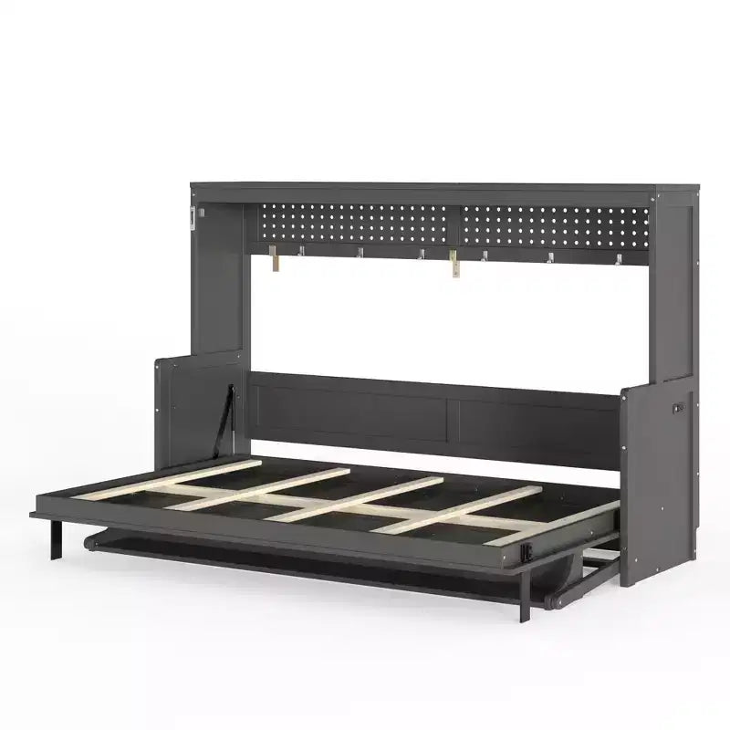 Lit escamotable ModernLuxe Queen/Full Size avec bureau et lumières LED, lit mural pliant peu encombrant avec station de recharge USB