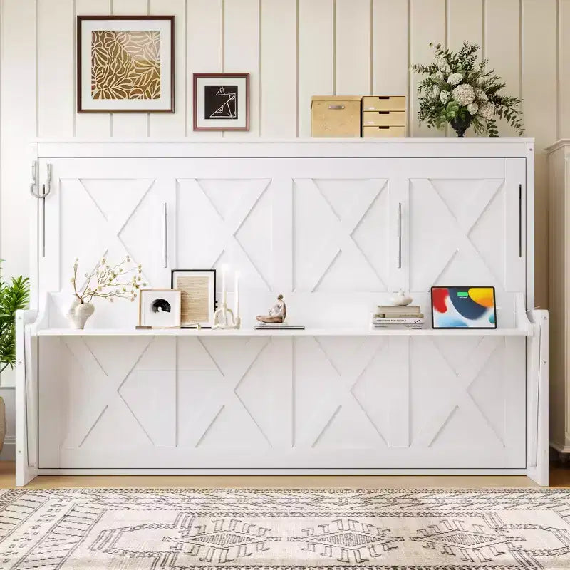 Lit escamotable ModernLuxe Queen/Full Size avec bureau et lumières LED, lit mural pliant peu encombrant avec station de recharge USB