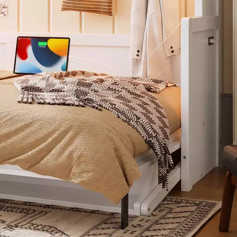 Lit escamotable ModernLuxe Queen/Full Size avec bureau et lumières LED, lit mural pliant peu encombrant avec station de recharge USB