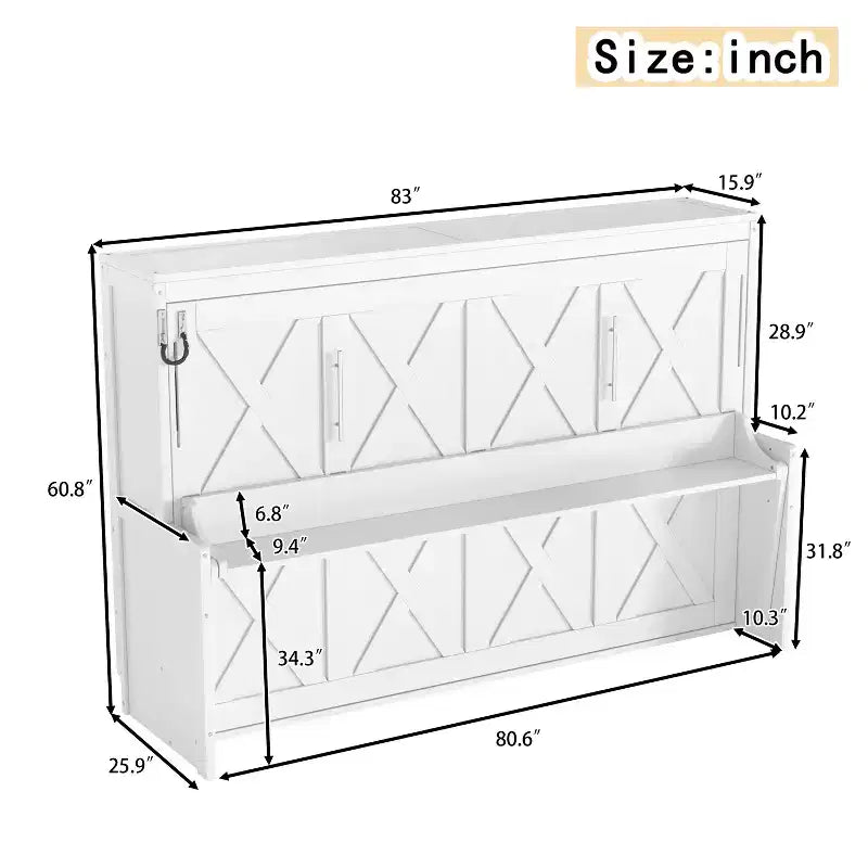 Lit escamotable ModernLuxe Queen/Full Size avec bureau et lumières LED, lit mural pliant peu encombrant avec station de recharge USB