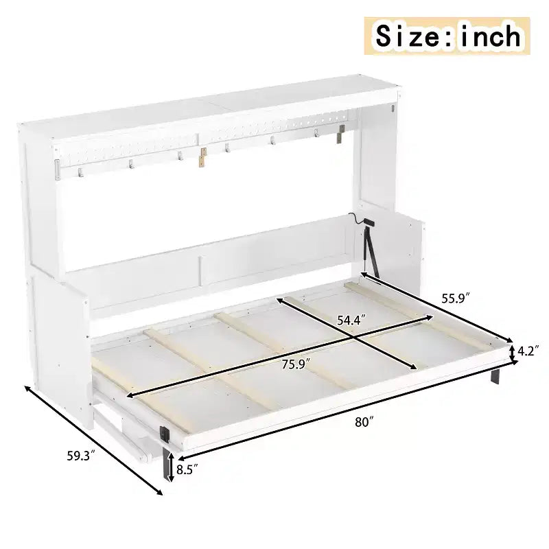 Lit escamotable ModernLuxe Queen/Full Size avec bureau et lumières LED, lit mural pliant peu encombrant avec station de recharge USB