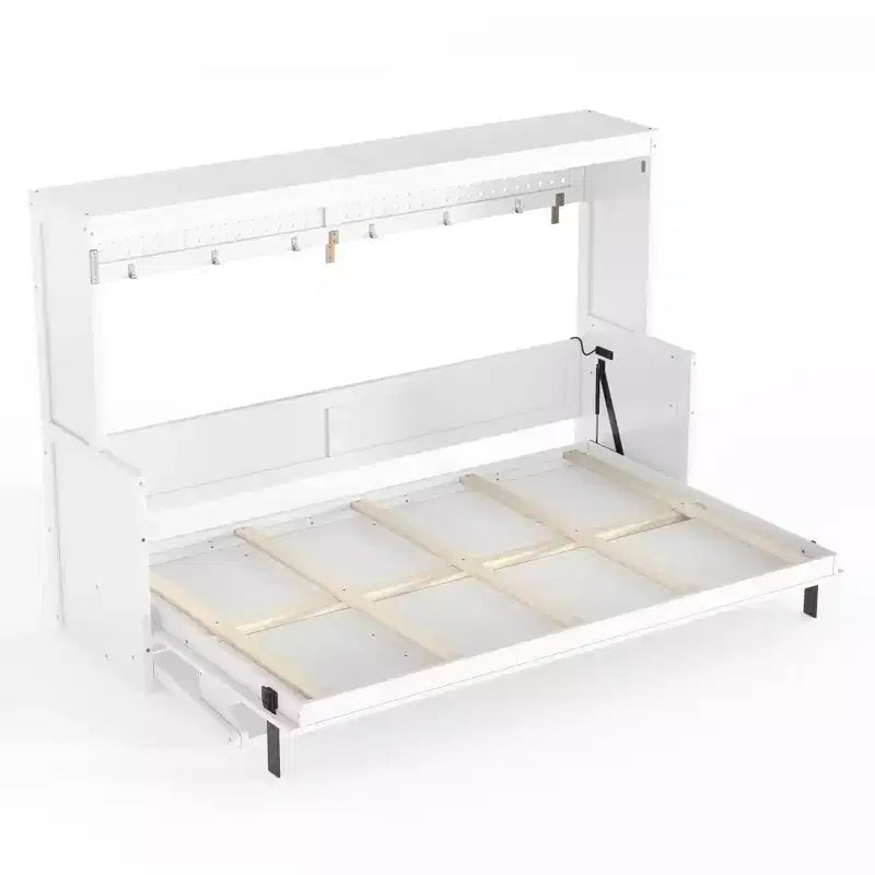 Lit escamotable ModernLuxe Queen/Full Size avec bureau et lumières LED, lit mural pliant peu encombrant avec station de recharge USB