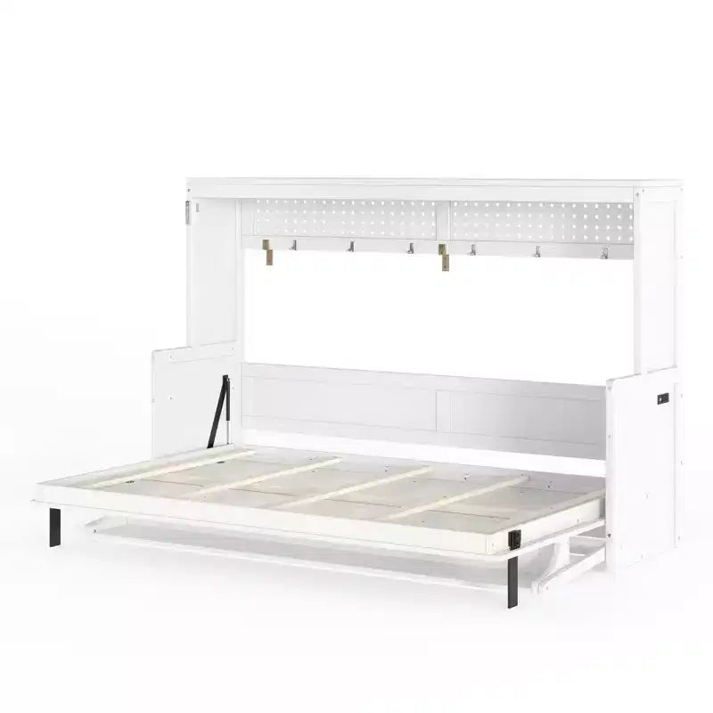Lit escamotable ModernLuxe Queen/Full Size avec bureau et lumières LED, lit mural pliant peu encombrant avec station de recharge USB